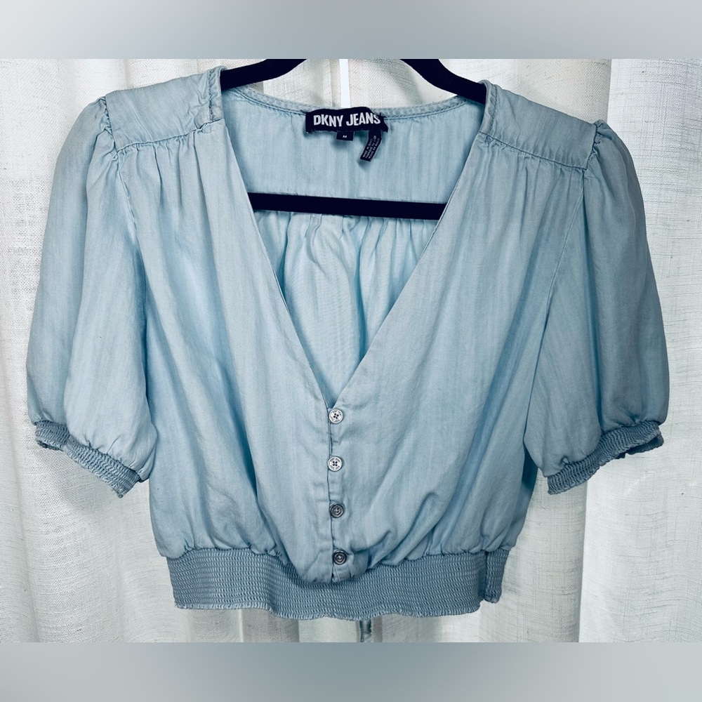 DKNY Light Blue Denim Button-Up Cropped Blouse w/ elastic waist and puff sleeves